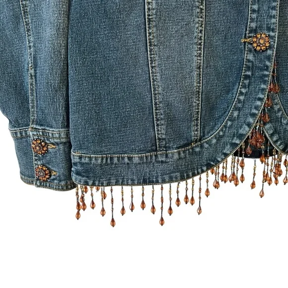 Diane Gilman Women’s Denim Funky Boho Jacket‎ Rhinestone Buttons Beaded Fringe - Picture 4 of 7